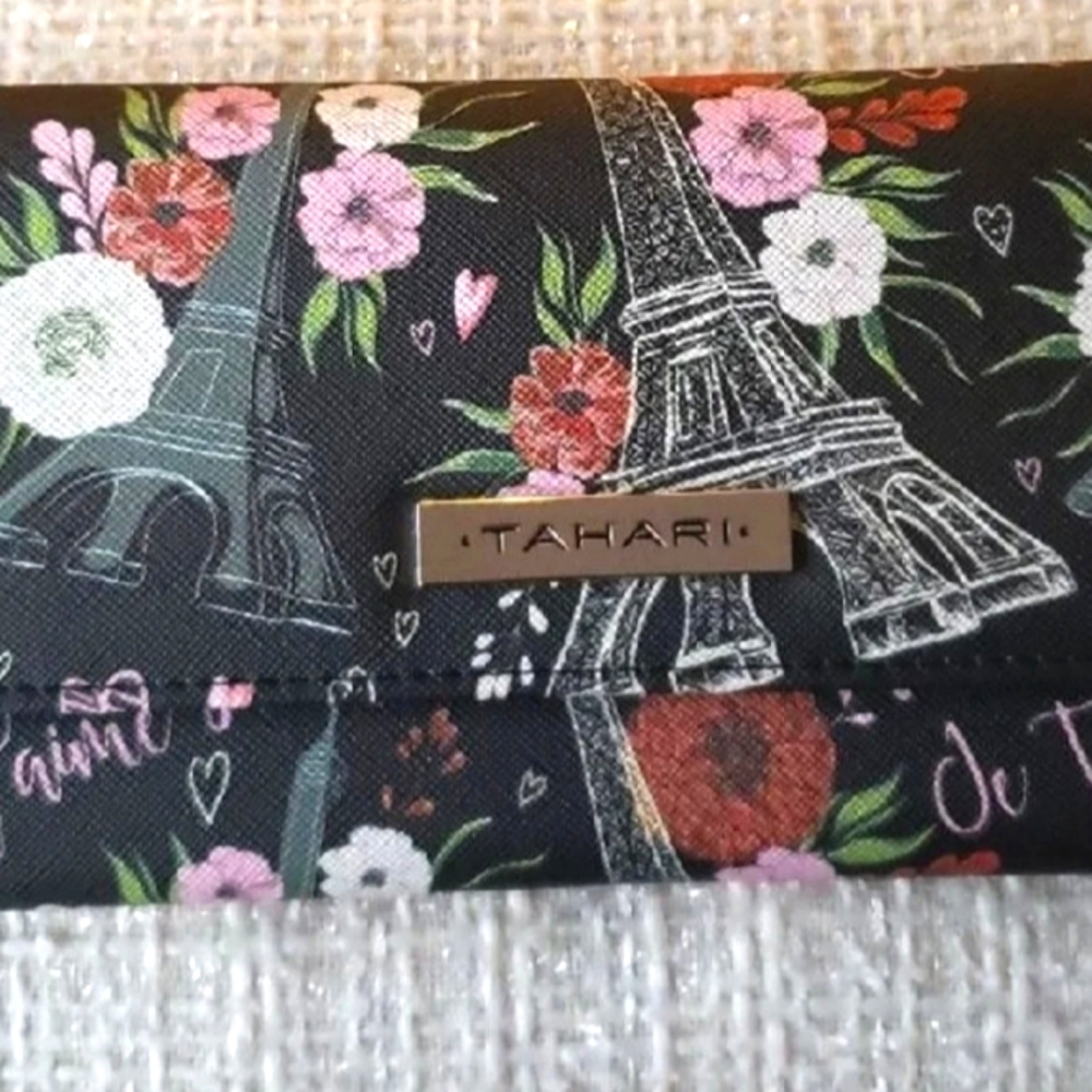 Tahari Trifold RFID Black Multicolor Wallet Floral Paris Scene NWT - Picture 3 of 11
